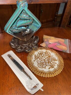 Ceramic Waterfall Incense Burner with Decorative Doily and Incense